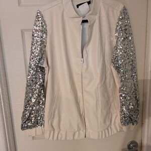 Colleen Lopez Cream Bomber Jacket with Silver Sequin Sleeves